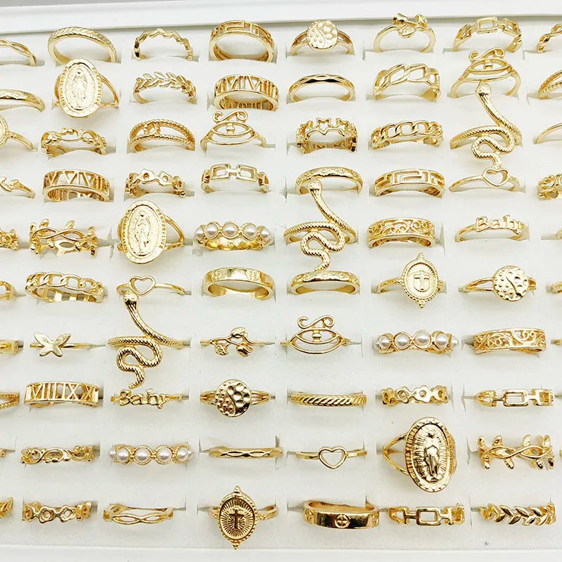 30pc/Lot Gold Color Finger Rings For Girls New Love Snake Animal Butterfly Cutout Star Pearl Thin Joint Ring Party Jewelry Women