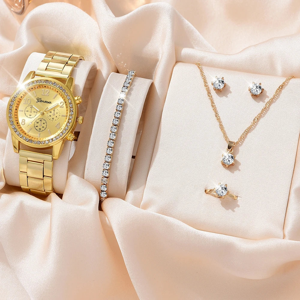 6-Piece Luxury Women's Fashion Set: Watch, Ring, Necklace, Earrings, Bracelet, and Rhinestone Wristwatch