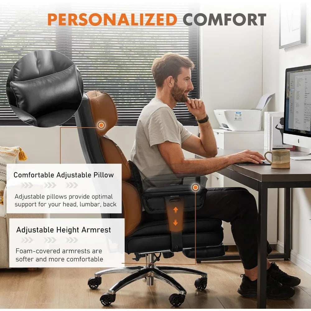 Big and Tall Adjustable Height PU Leather Executive Computer Task Chair With Leg Rest and Lumbar Support Armrest for Adult Stool