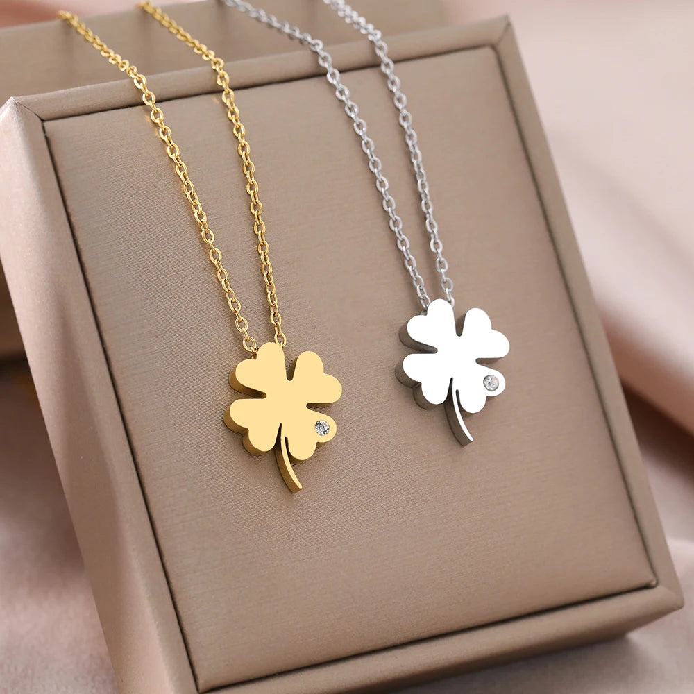 Stainless Steel Necklaces Bohemian Temperament Clover Crystal Zircon Pendant Everyday Wear Chain Girl Necklace For Women Jewelry