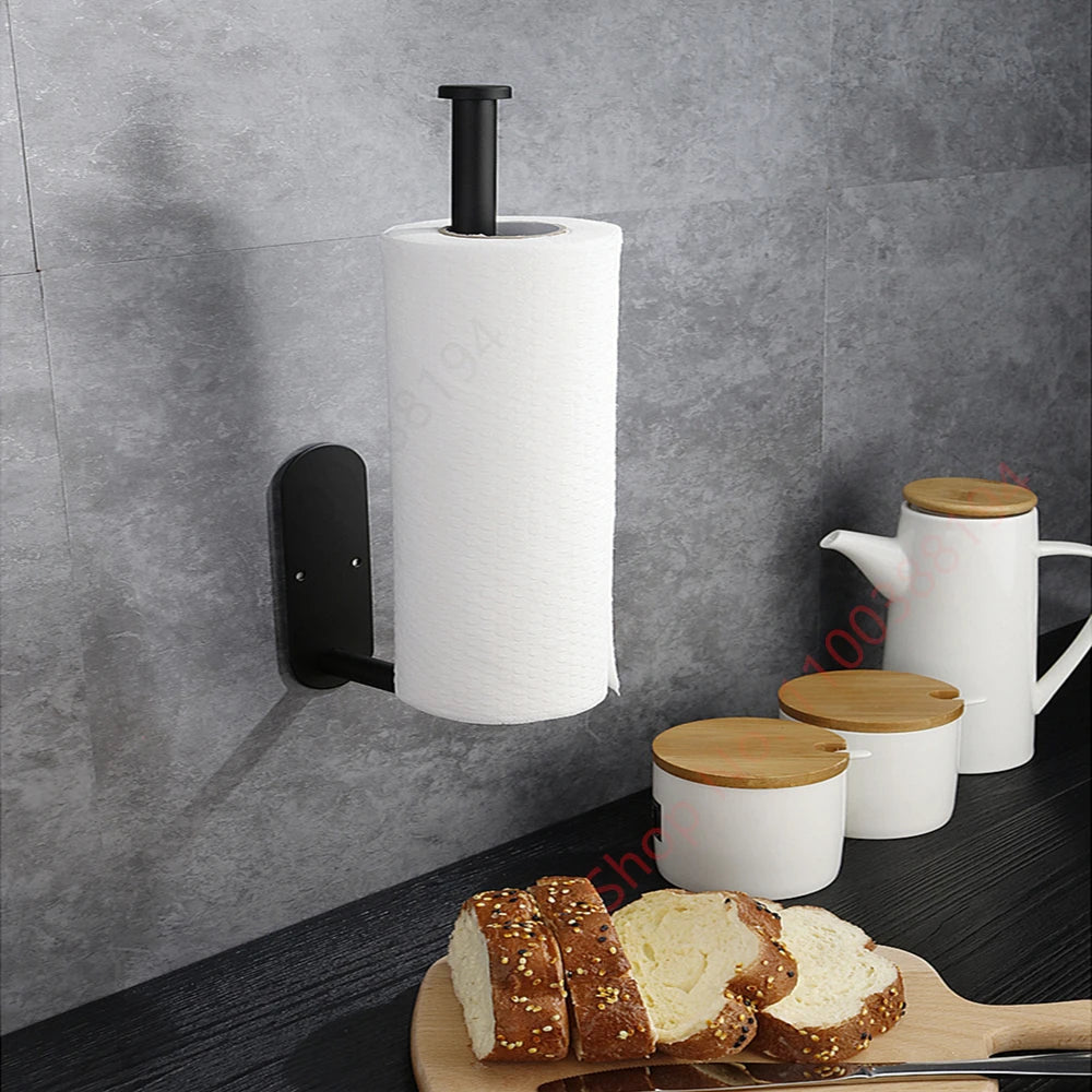 Wall Mount Toilet Paper Holder - Adhesive Black/Silver Roll Paper Stand for Kitchen and Bathroom