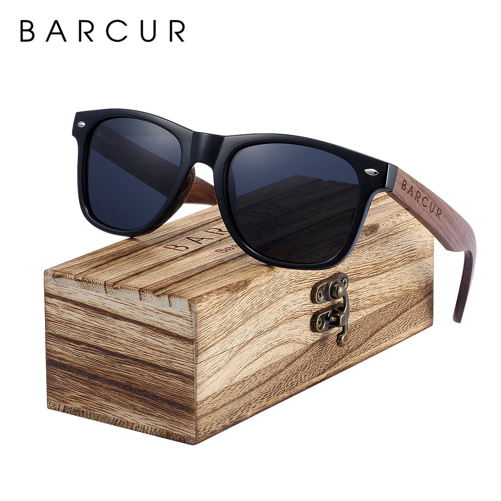 BARCUR Black Walnut Wood Sunglasses for Men - Polarized High-Quality Square Sun Glasses with UV400 Protection - Stylish Eyewear Accessory with Original Box