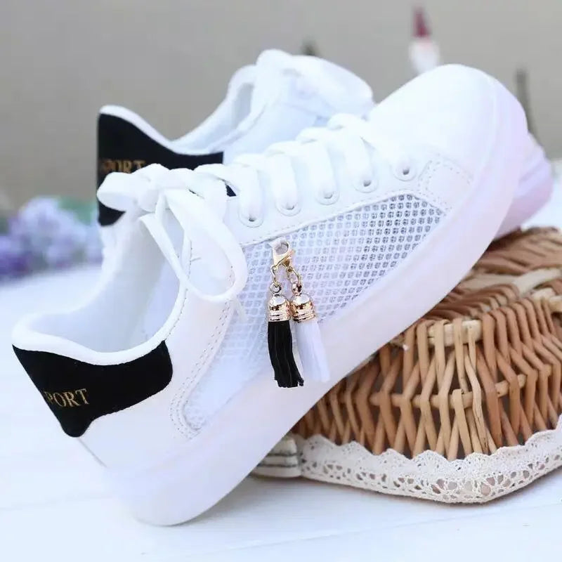 Women's Breathable Sneakers, Casual Sports Shoes, Flat Mesh, White, Vulcanized Design, 2024