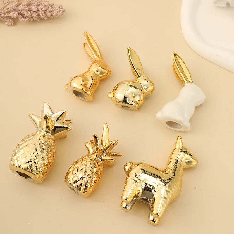 Gold Rabbit Ceramics Figurines Creative Animal Table Ornament Cute Alpaca Home Desktop Decoration White Rabbit Bedroom Ornament