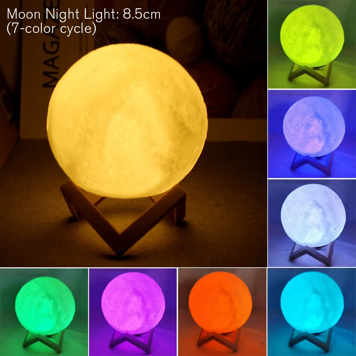 8cm Moon Lamp, LED, Battery-Powered, with Stand, Starry, Bedroom Decor, Night Light, Kids Gift