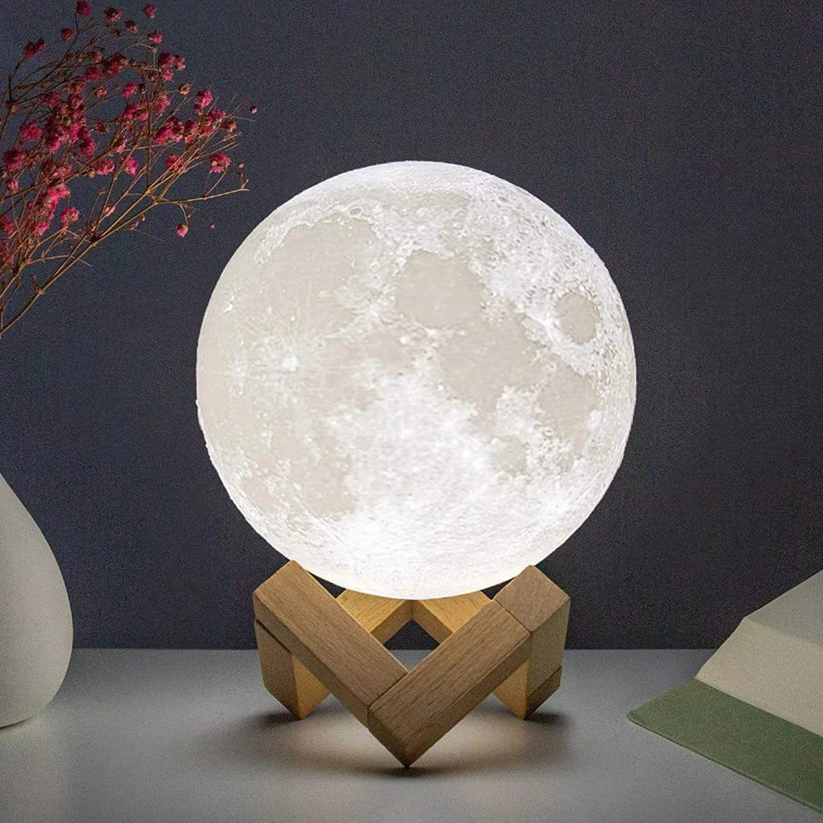 8cm Moon Lamp, LED, Battery-Powered, with Stand, Starry, Bedroom Decor, Night Light, Kids Gift