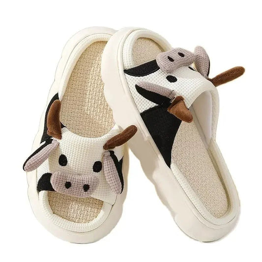 Hot Sale Women Milk Cow Linen Slippers Four Seasons Men Indoor Sandals Adults Cartoon Slides Couples Cute Breathable Home Shoes - Etawia Products