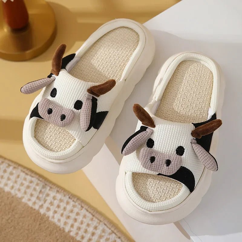 Hot Sale Women Milk Cow Linen Slippers Four Seasons Men Indoor Sandals Adults Cartoon Slides Couples Cute Breathable Home Shoes - Etawia Products