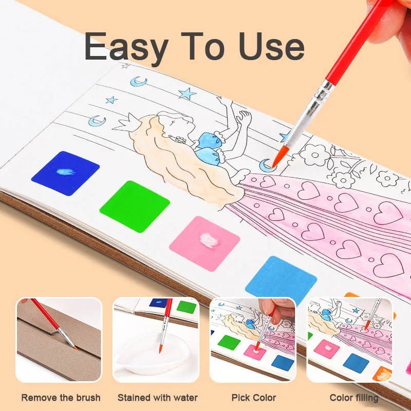 Kids' Portable Watercolor Painting Book with Water Brush, Gouache Graffiti, Coloring Pictures, Drawing Toys, Kindergarten Gifts - Etawia Products