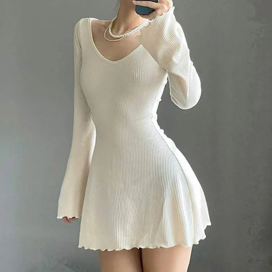 Knitting Elegant Dress For Women Spring Fall Solid Color V Neck Office Lady Irregular Hem Simple Basic Slim Dresses - Etawia Products