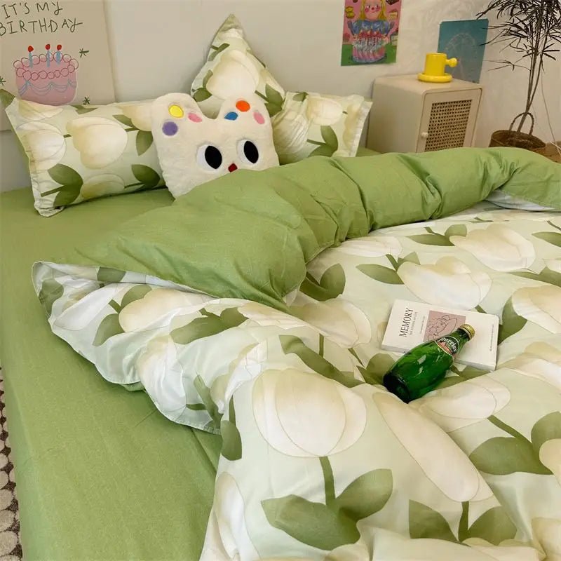 Korean Style Bedding Set - Twin Queen Size Duvet Cover, Flat Sheet, Pillowcase - for Boys, Girls, Kids, and Adults - Fashion Home Textile - Etawia Products