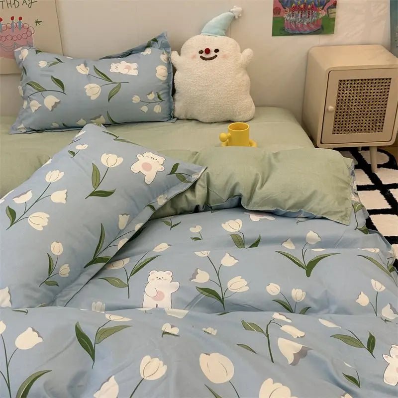 Korean Style Bedding Set - Twin Queen Size Duvet Cover, Flat Sheet, Pillowcase - for Boys, Girls, Kids, and Adults - Fashion Home Textile - Etawia Products