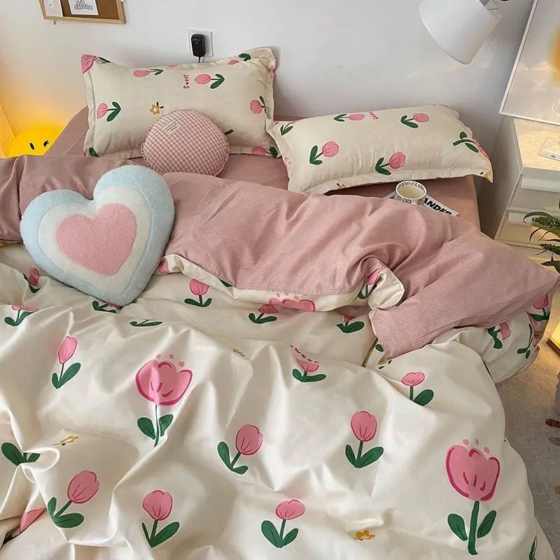 Korean Style Bedding Set - Twin Queen Size Duvet Cover, Flat Sheet, Pillowcase - for Boys, Girls, Kids, and Adults - Fashion Home Textile - Etawia Products