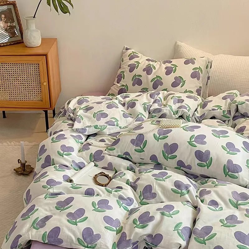 Korean Style Bedding Set - Twin Queen Size Duvet Cover, Flat Sheet, Pillowcase - for Boys, Girls, Kids, and Adults - Fashion Home Textile - Etawia Products