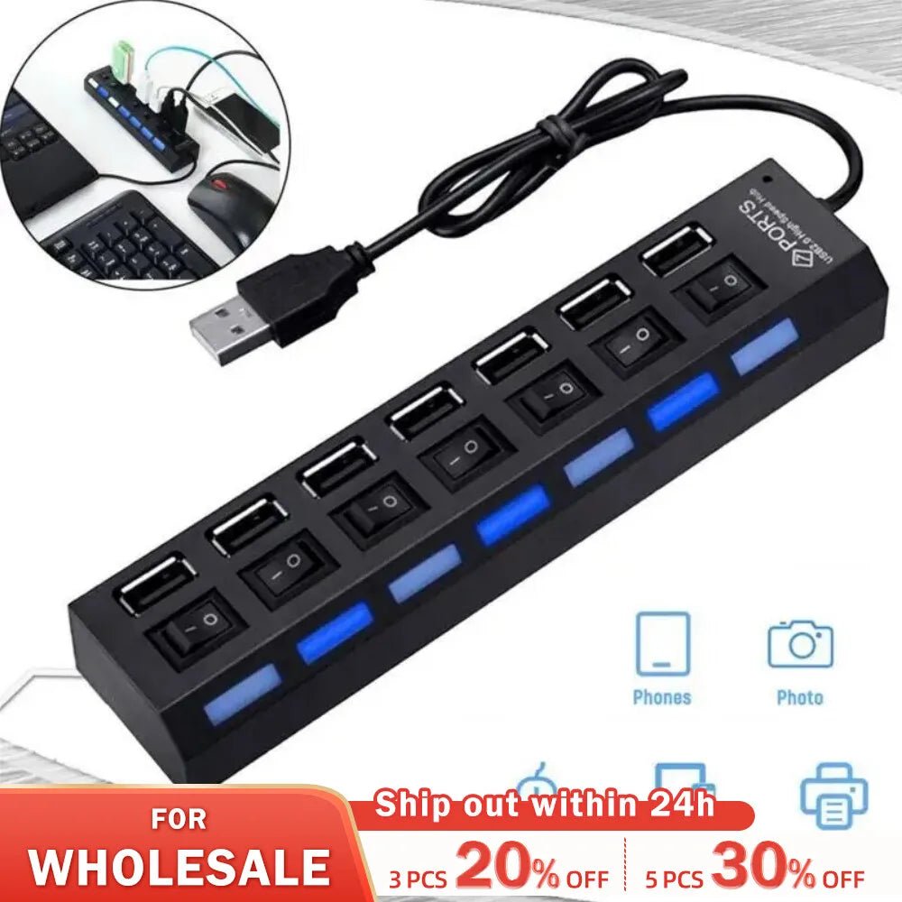 USB 2.0 Hub with Multi Ports, Power Adapter, and Switch for PC and Laptop - Etawia Products