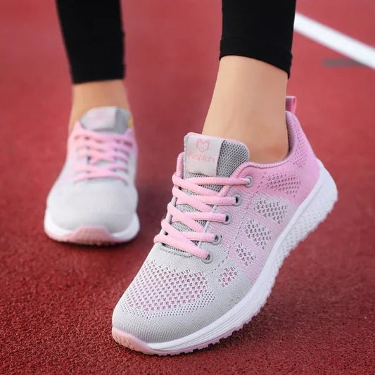 Women's Casual Breathable Mesh Sneakers, Lace-Up, Flat, Available in Pink, Black, White - Etawia Products