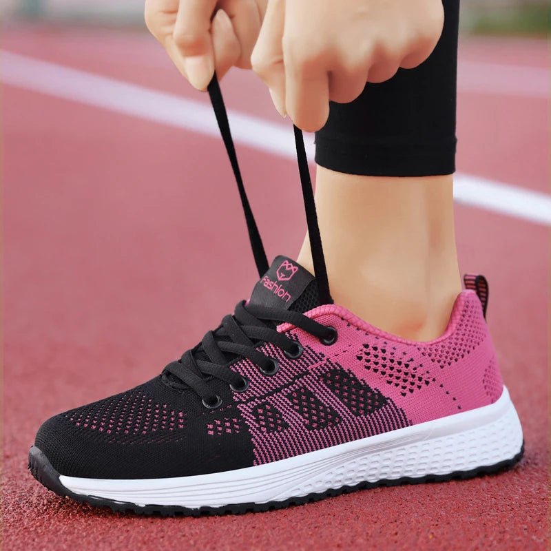 Women's Casual Breathable Mesh Sneakers, Lace-Up, Flat, Available in Pink, Black, White - Etawia Products