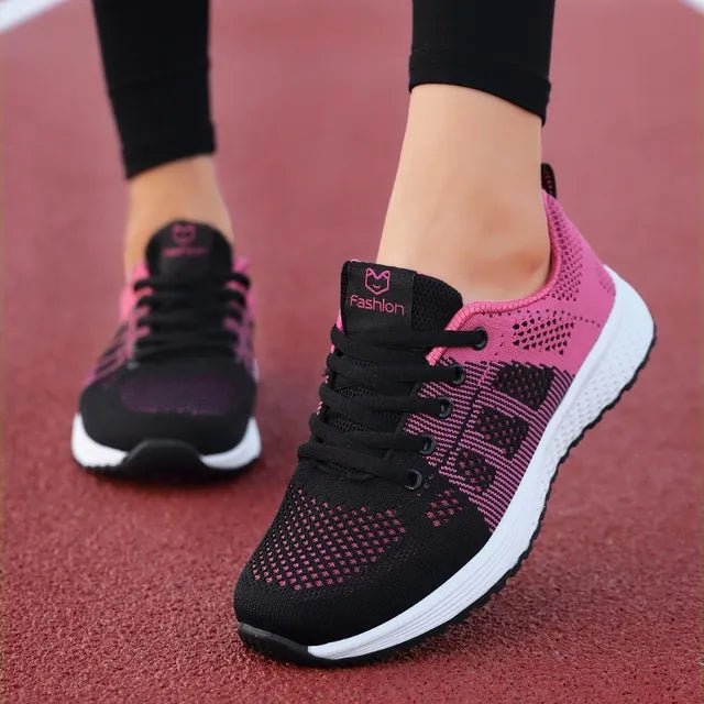 Women's Casual Breathable Mesh Sneakers, Lace-Up, Flat, Available in Pink, Black, White - Etawia Products